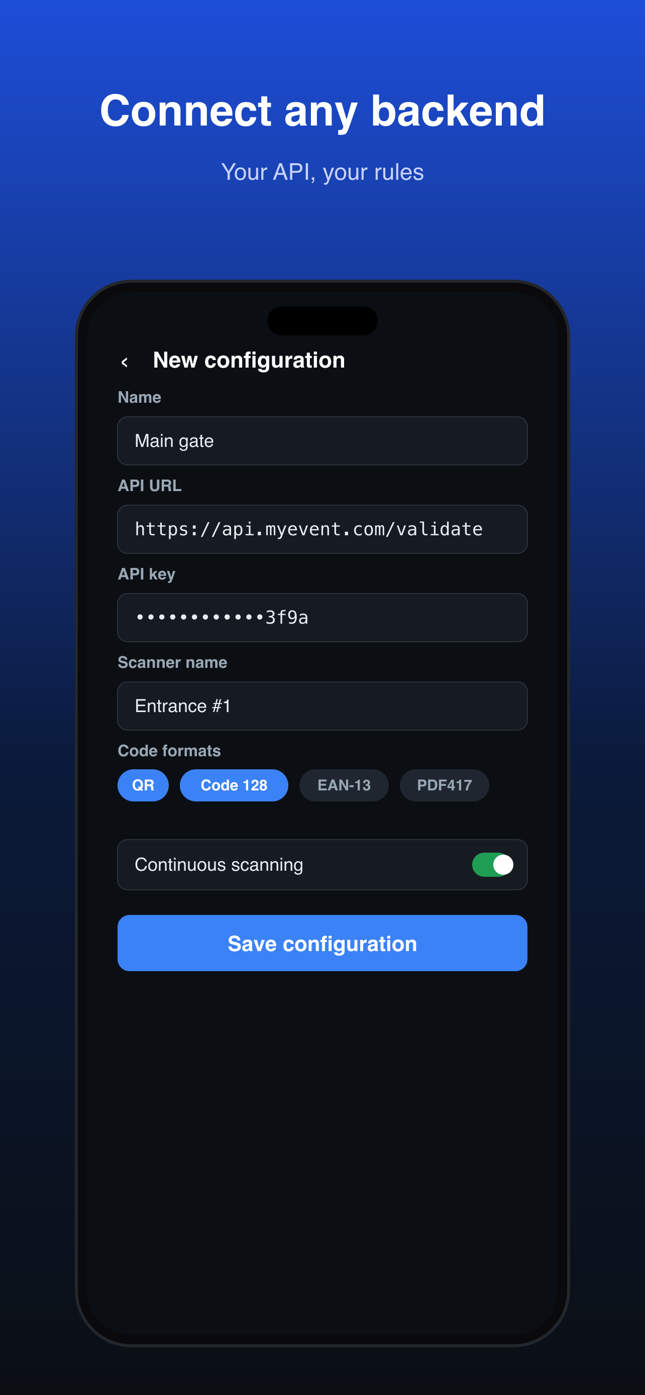 Configuration screen connecting to your own API