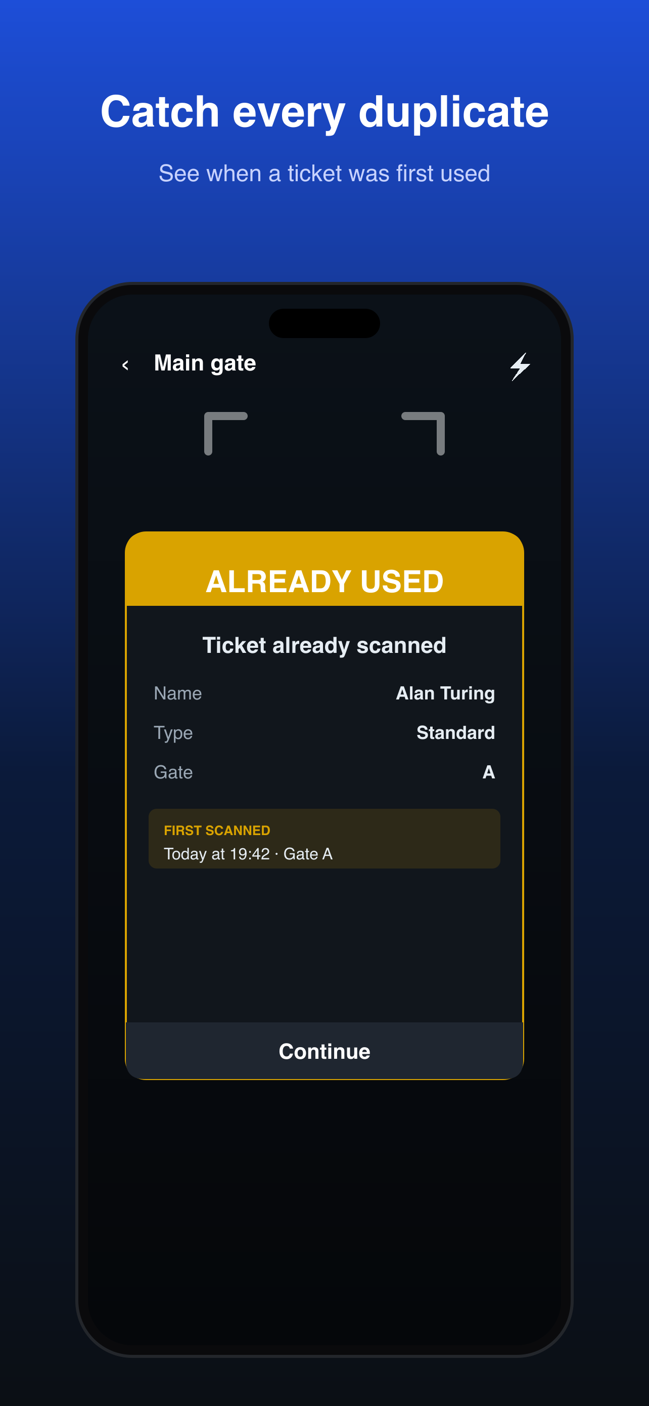 A duplicate ticket showing a yellow already-used result